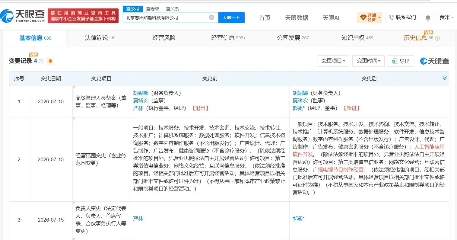 豆包關(guān)聯(lián)公司發(fā)生高管變更